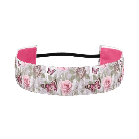 ピンクのバラと蝶の水色フローラ アスレチックヘッドバンド (正面)