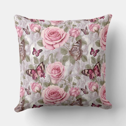ピンクのバラと蝶の水色フローラ クッション (裏面)