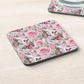 ピンクのバラと蝶の水色フローラ コースター (左側)