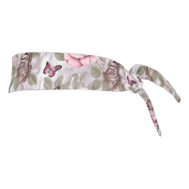 ピンクのバラと蝶の水色フローラ タイヘッドバンド