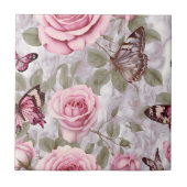 ピンクのバラと蝶の水色フローラ タイル (正面)