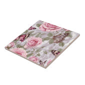 ピンクのバラと蝶の水色フローラ タイル (側面)