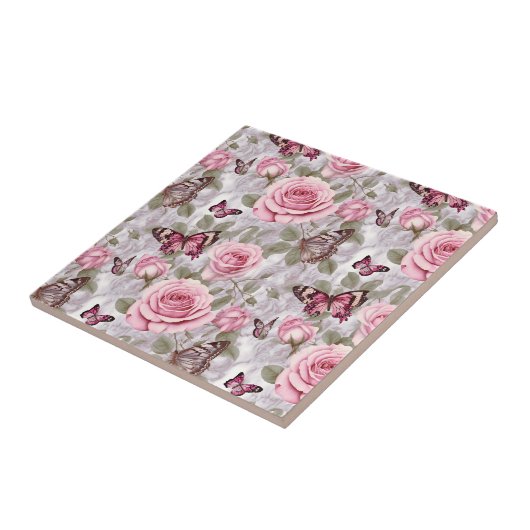 ピンクのバラと蝶の水色フローラ タイル (側面)