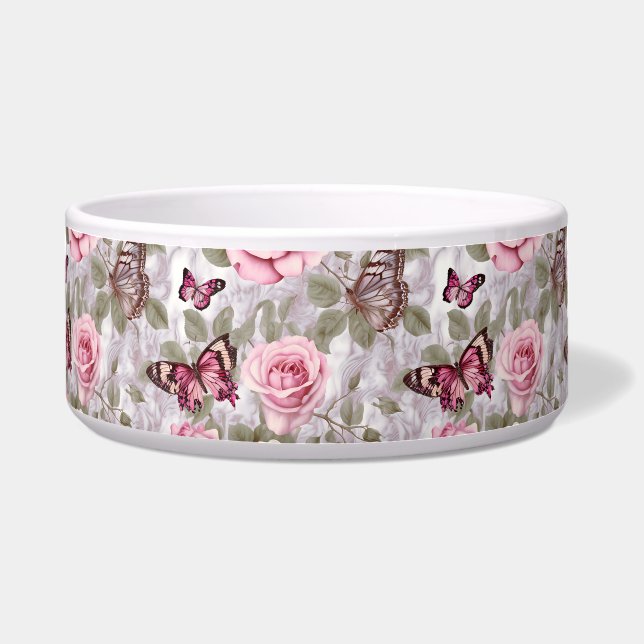 ピンクのバラと蝶の水色フローラ ボウル (正面)