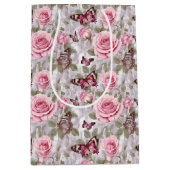 ピンクのバラと蝶の水色フローラ ミディアムペーパーバッグ (正面)