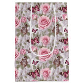 ピンクのバラと蝶の水色フローラ ミディアムペーパーバッグ (裏面)