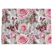 ピンクのバラと蝶の水色フローラ ラージペーパーバッグ (正面)