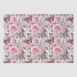 ピンクのバラと蝶の水色フローラ 薄葉紙