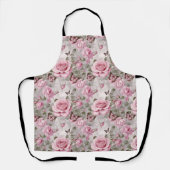 ピンクのバラと蝶の水色 エプロン (正面)