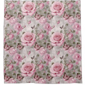 ピンクのバラと蝶の水色 シャワーカーテン (正面)