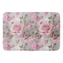 ピンクのバラと蝶の水色 バスマット