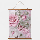 ピンクのバラと蝶の水色 吊り下げ型タペストリー (正面)