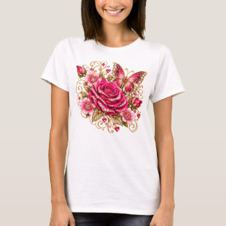 ピンクのバラと蝶の華麗なフラワープリントTシャツ Tシャツ