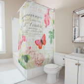 ピンクのバラと蝶 シャワーカーテン (インサイチュ)