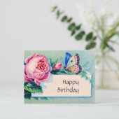 ピンクのバラと蝶：ハッピーバースデー ポストカード (スタンド正面)