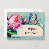ピンクのバラと蝶：ハッピーバースデー ポストカード (正面/裏面)