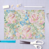 ピンクのバラと金ゴールドのドット付き青い花 薄葉紙 (クラフト)