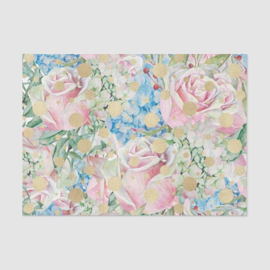 ピンクのバラと金ゴールドのドット付き青い花 薄葉紙 (正面)