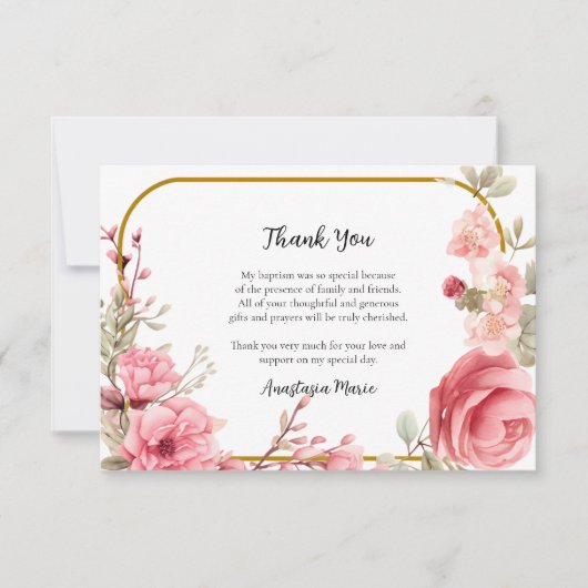 ピンクのバラと金ゴールドフレーム正統バプテスマ サンキューカード (正面)