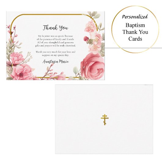 ピンクのバラと金ゴールドフレーム正統バプテスマ サンキューカード