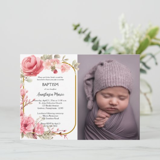 ピンクのバラと金ゴールドフレーム正統バプテスマ 招待状 (スタンド正面)