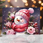 ピンクのバラと雪だるまのクリスマス シーズンカード