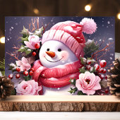 ピンクのバラと雪だるまのクリスマス シーズンカード