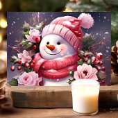 ピンクのバラと雪だるまのクリスマス シーズンカード