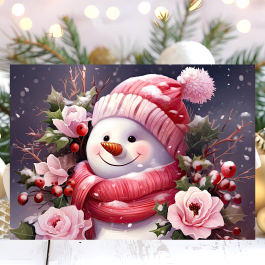 ピンクのバラと雪だるまのクリスマス シーズンカード