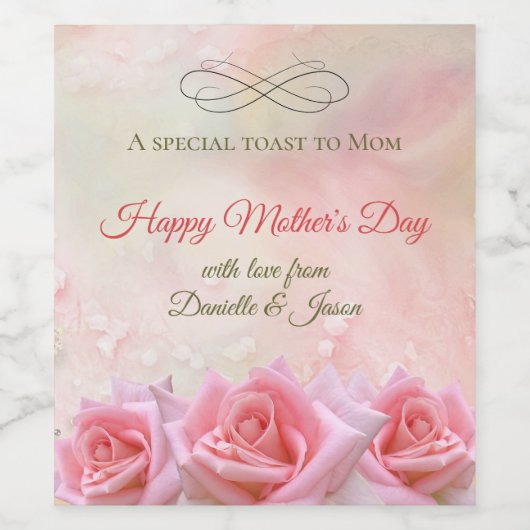 ピンクのバラと露が母の日を彩る ワインラベル (シングルラベル)