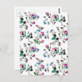 ピンクのバラと青い花の花束デザイン ポストカード (正面/裏面)