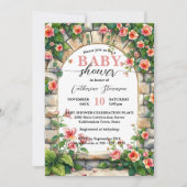 ピンクのバラと魅惑されたガーデンアーチ赤ちゃんシャワー 招待状 (正面)