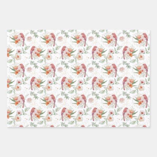 ピンクのバラと鳥のウェディングウォーターカラー ラッピングペーパーシート (正面)