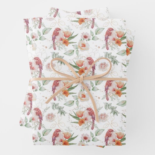 ピンクのバラと鳥のウェディングウォーターカラー ラッピングペーパーシート (インサイチュ)