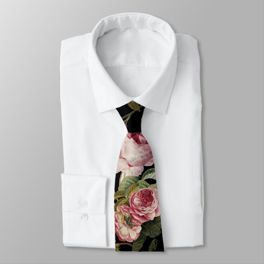 ピンクのバラと黄色の蝶ブラックフローラ ネクタイ (タイ)