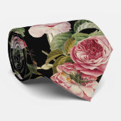 ピンクのバラと黄色の蝶ブラックフローラ ネクタイ (ロール)