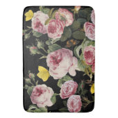 ピンクのバラと黄色の蝶ブラックフローラ バスマット (正面縦)