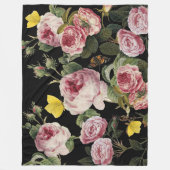 ピンクのバラと黄色の蝶ブラックフローラ フリースブランケット (正面)