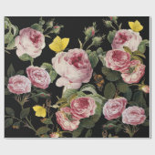 ピンクのバラと黄色の蝶ブラックフローラ ラッピングペーパー (フラット)