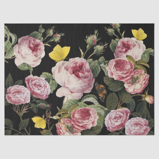 ピンクのバラと黄色の蝶ブラックフローラ 薄葉紙 (正面)