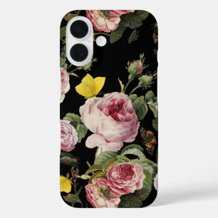 ピンクのバラと黄色の蝶ブラックフローラ iPhone 16ケース