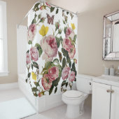 ピンクのバラと黄色の蝶ホワイトフローラ シャワーカーテン (インサイチュ)