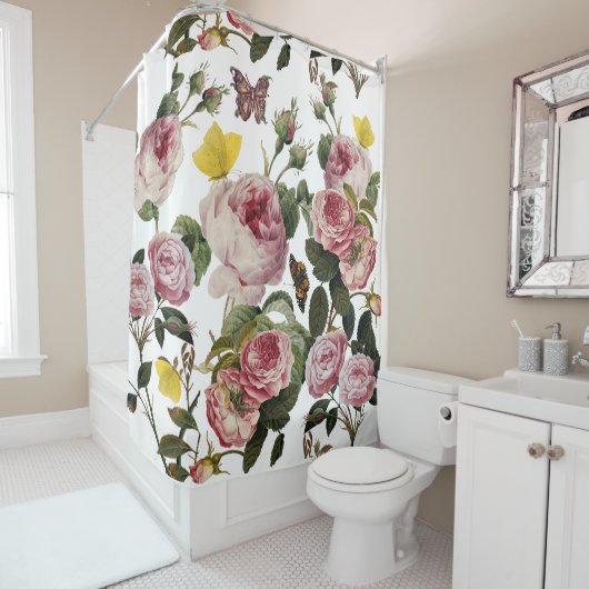 ピンクのバラと黄色の蝶ホワイトフローラ シャワーカーテン (インサイチュ)