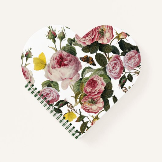 ピンクのバラと黄色の蝶ホワイトフローラ ノートブック (正面)