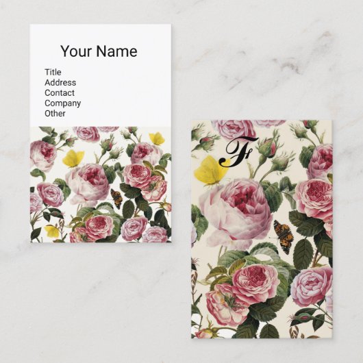 ピンクのバラと黄色の蝶ホワイトフローラ 名刺 (正面/裏面)