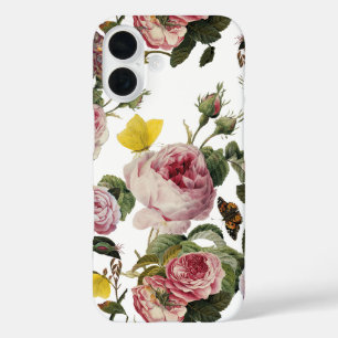 ピンクのバラと黄色の蝶ホワイトフローラ iPhone 16ケース