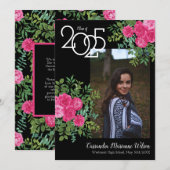 ピンクのバラと黒の写真を使った卒業おめでとうのご案内 招待状 (正面/裏面)