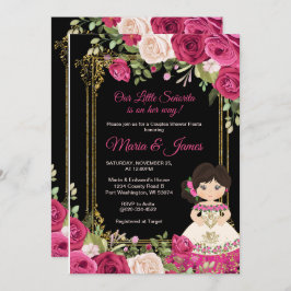 ピンクのバラと黒の背景のカップルシャワー 招待状