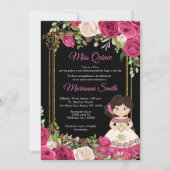 ピンクのバラと黒の背景のキンセアニエラ 招待状 (正面)