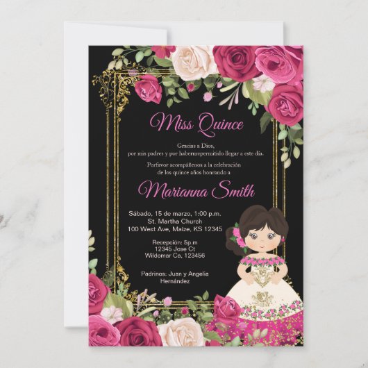 ピンクのバラと黒の背景のキンセアニエラ 招待状 (正面)